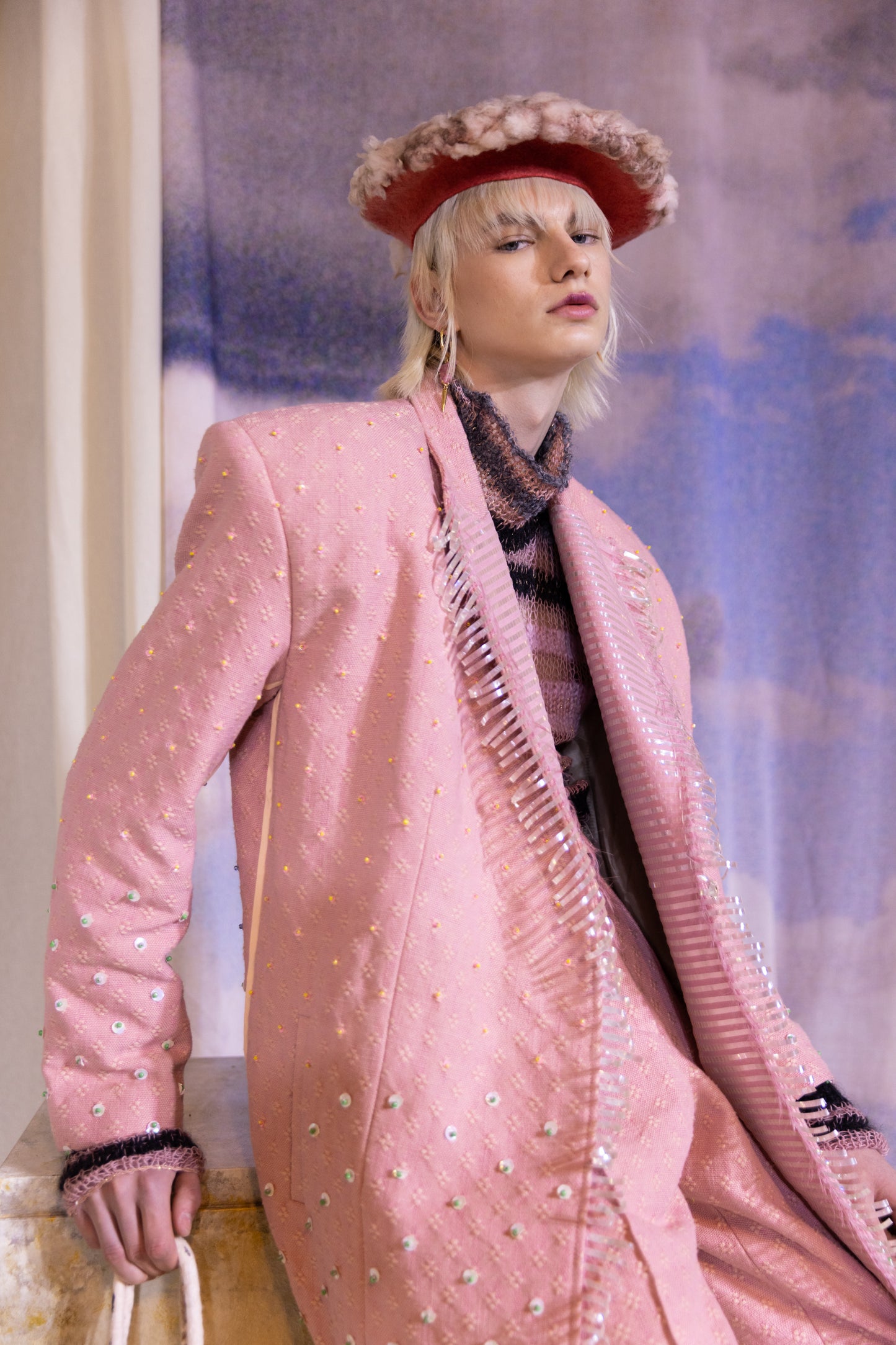 'Pink clay' Hand-beaded Artisanal Double-Breasted Tailored in Deadstock Cotton