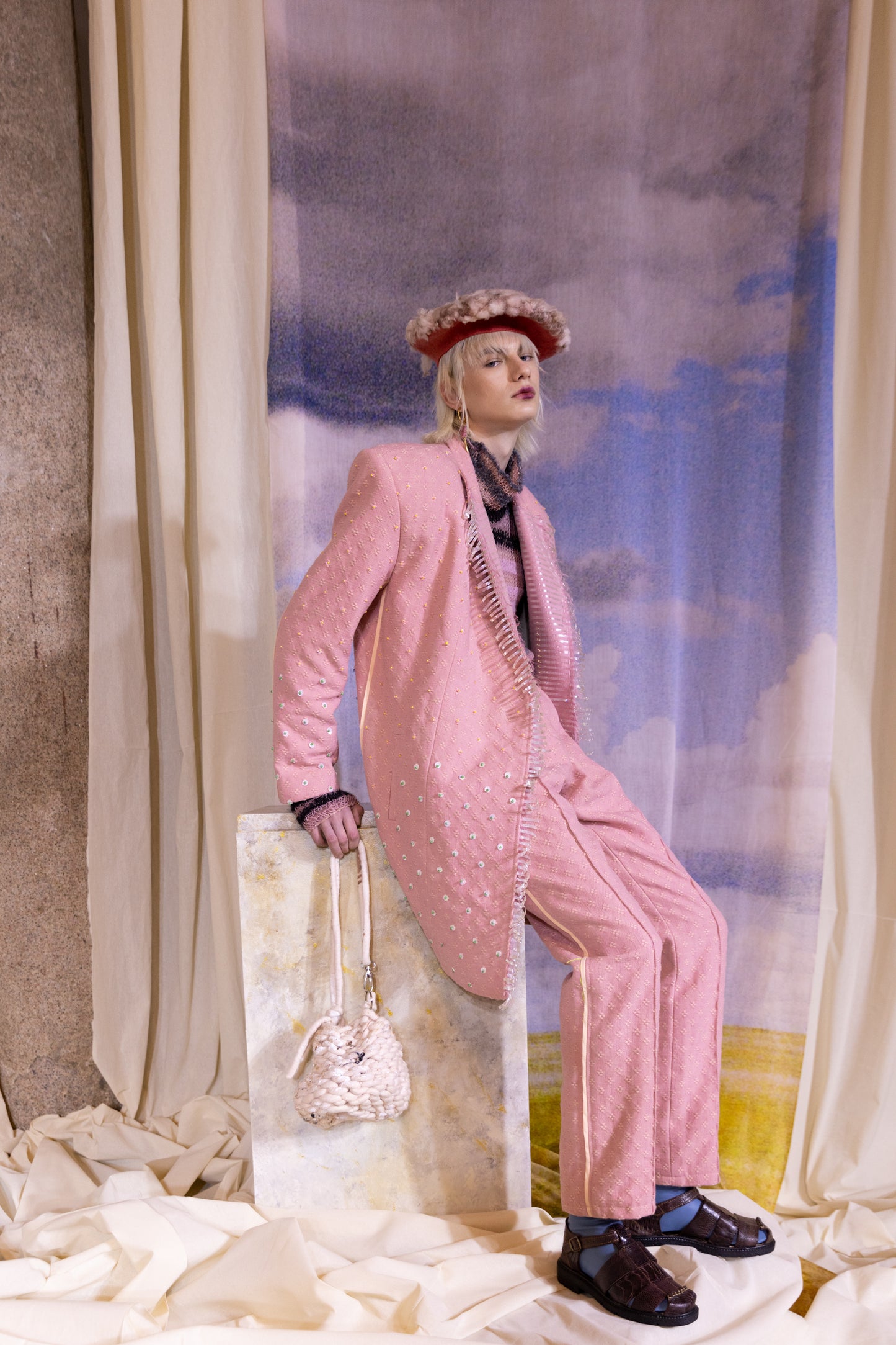 'Pink clay' Artisanal Tailored Straight Leg Pants in Deadstock Cotton