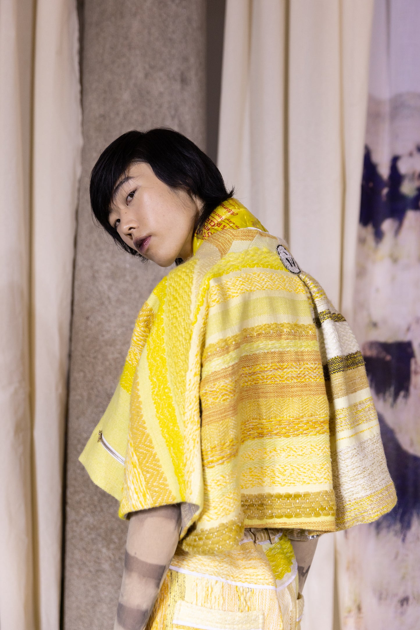 Artisanal Hand-Woven 'Sunny Scene' Cropped Jacket in Wool, Mohair & Viscose