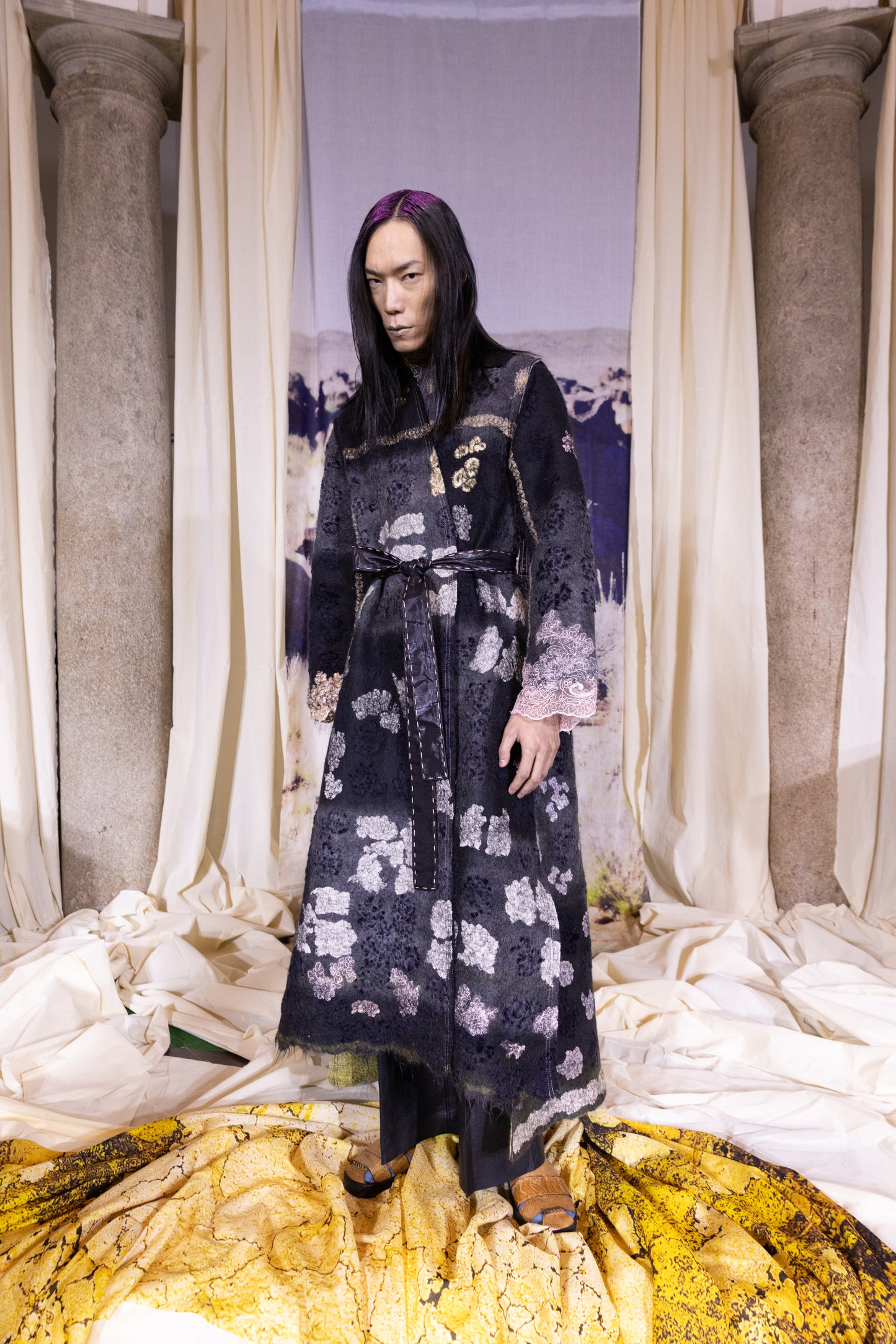 Florette Artisanal Wool, Felt & Lace Coat With Exposed Shoulder Pads & Hand Embroidery Stitches