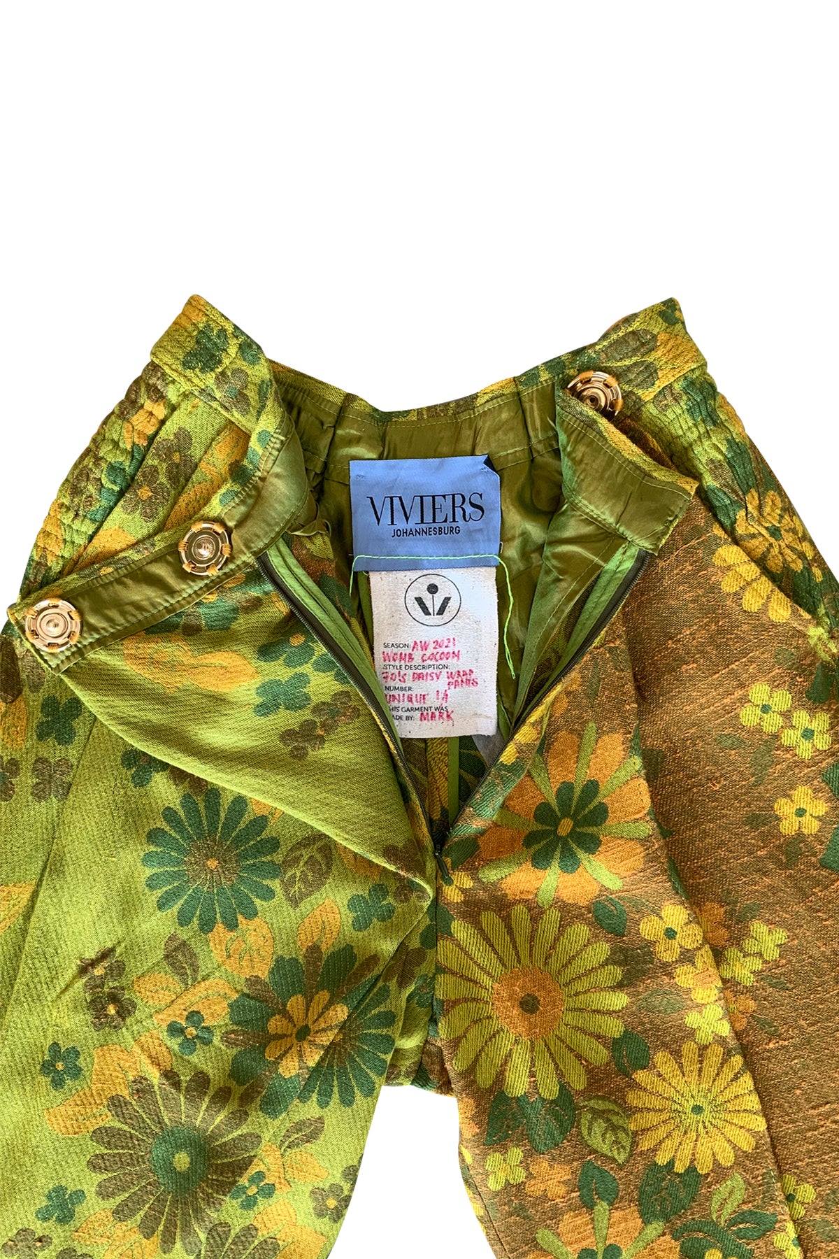 VINTAGE 1970'S DAISY JACQUARD FLARED WRAP PANTS