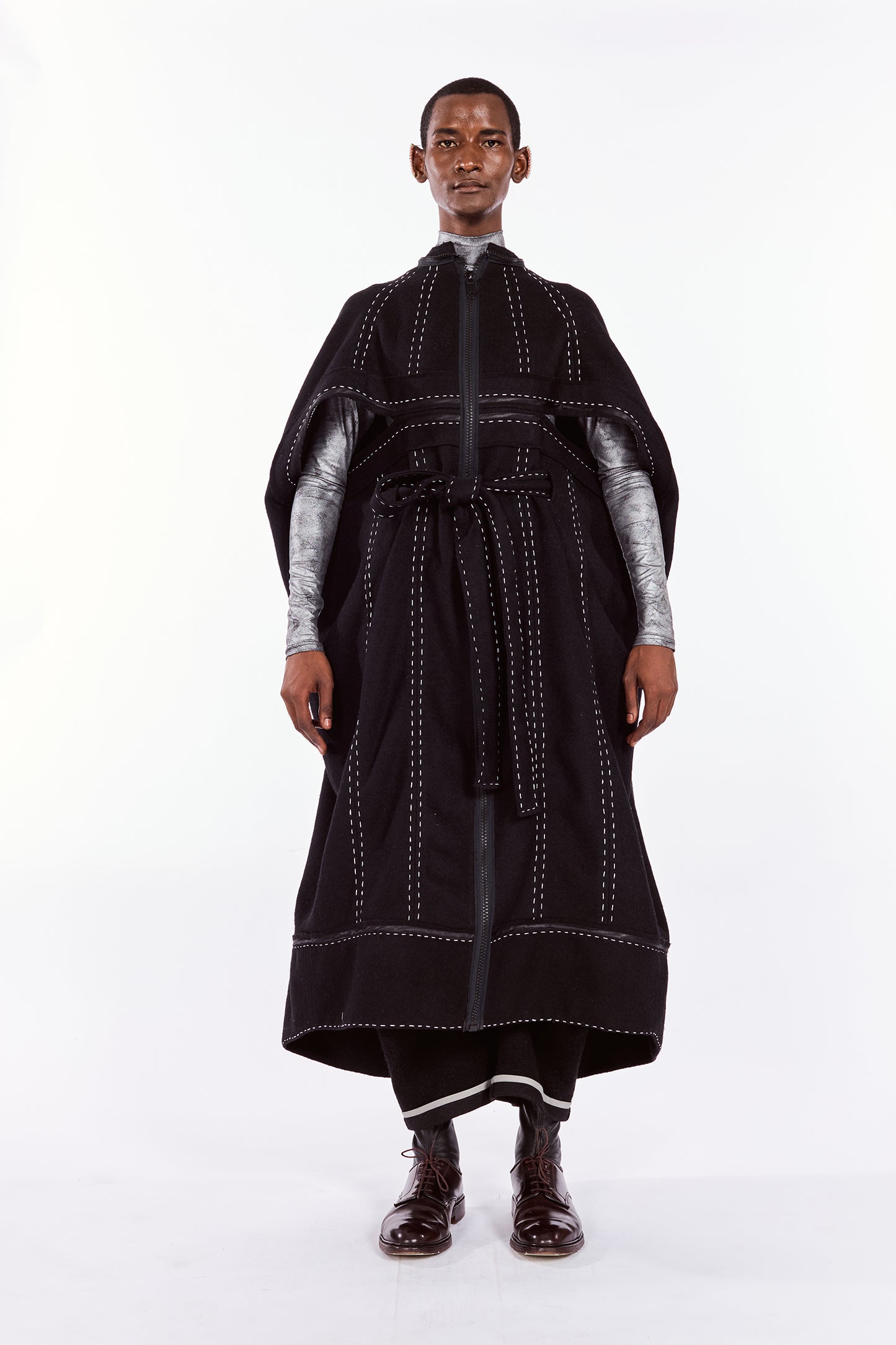 Black Cocoon Coat with Hand Embroidered Stitches