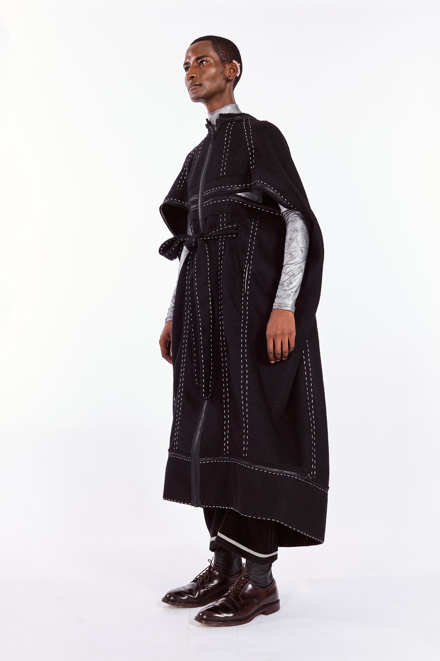 Black Cocoon Coat with Hand Embroidered Stitches