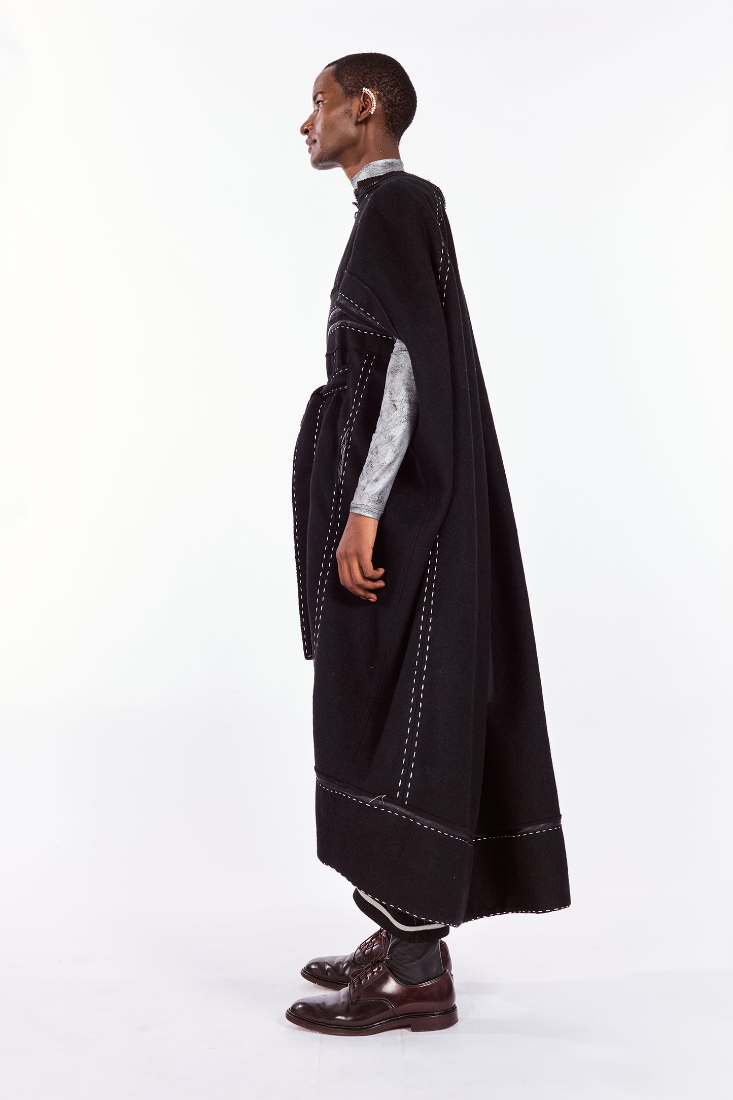 Black Cocoon Coat with Hand Embroidered Stitches