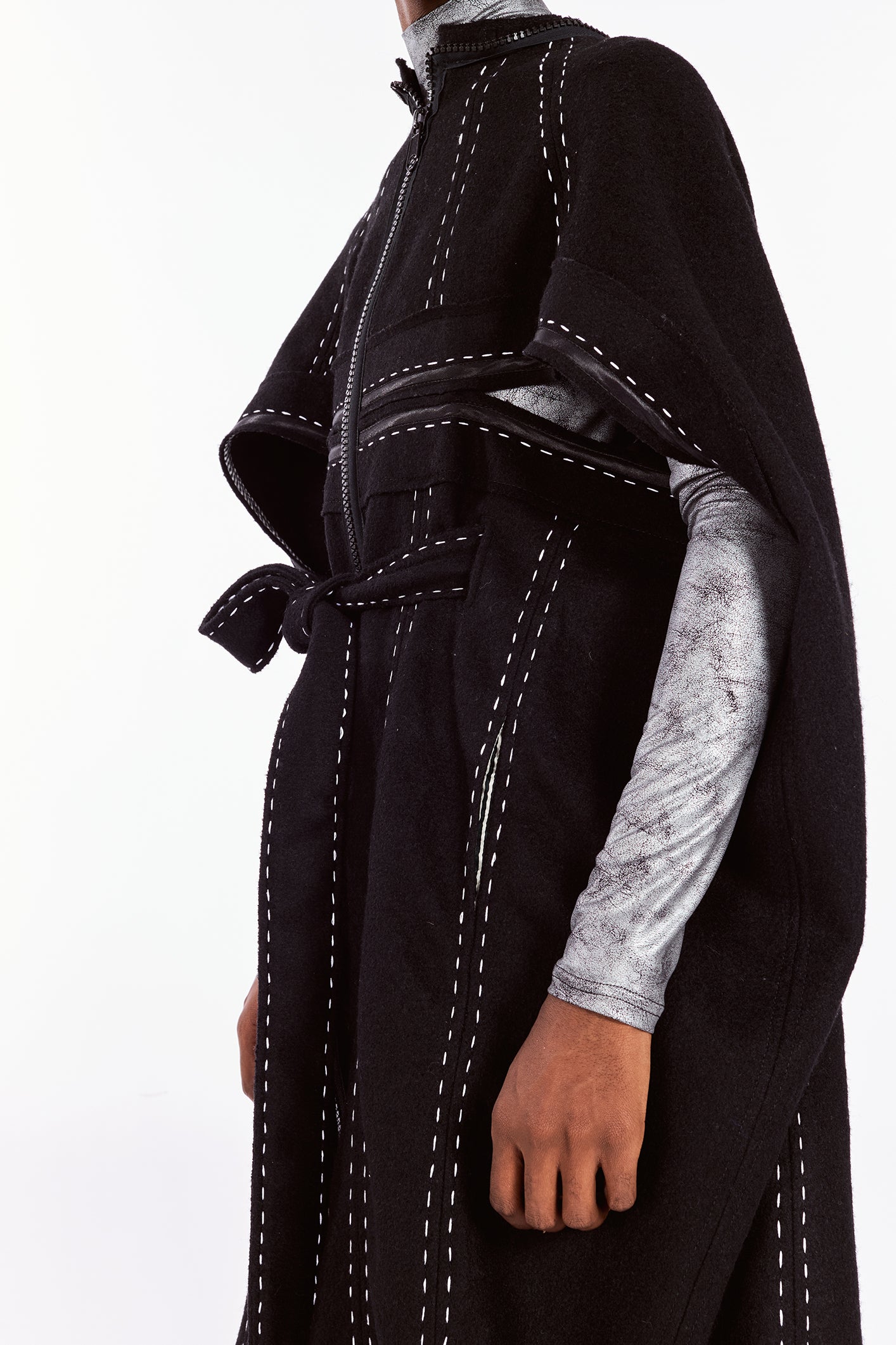 Black Cocoon Coat with Hand Embroidered Stitches
