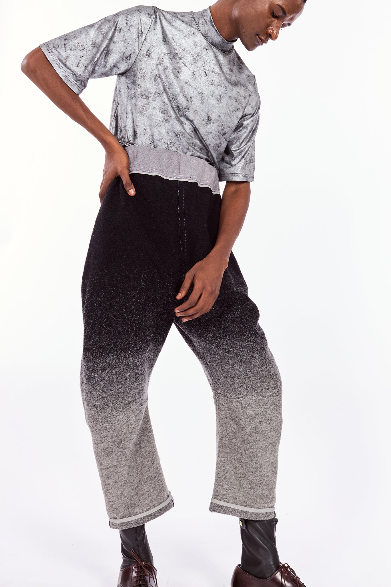 Black & Grey Ombré Arched-Leg Pants