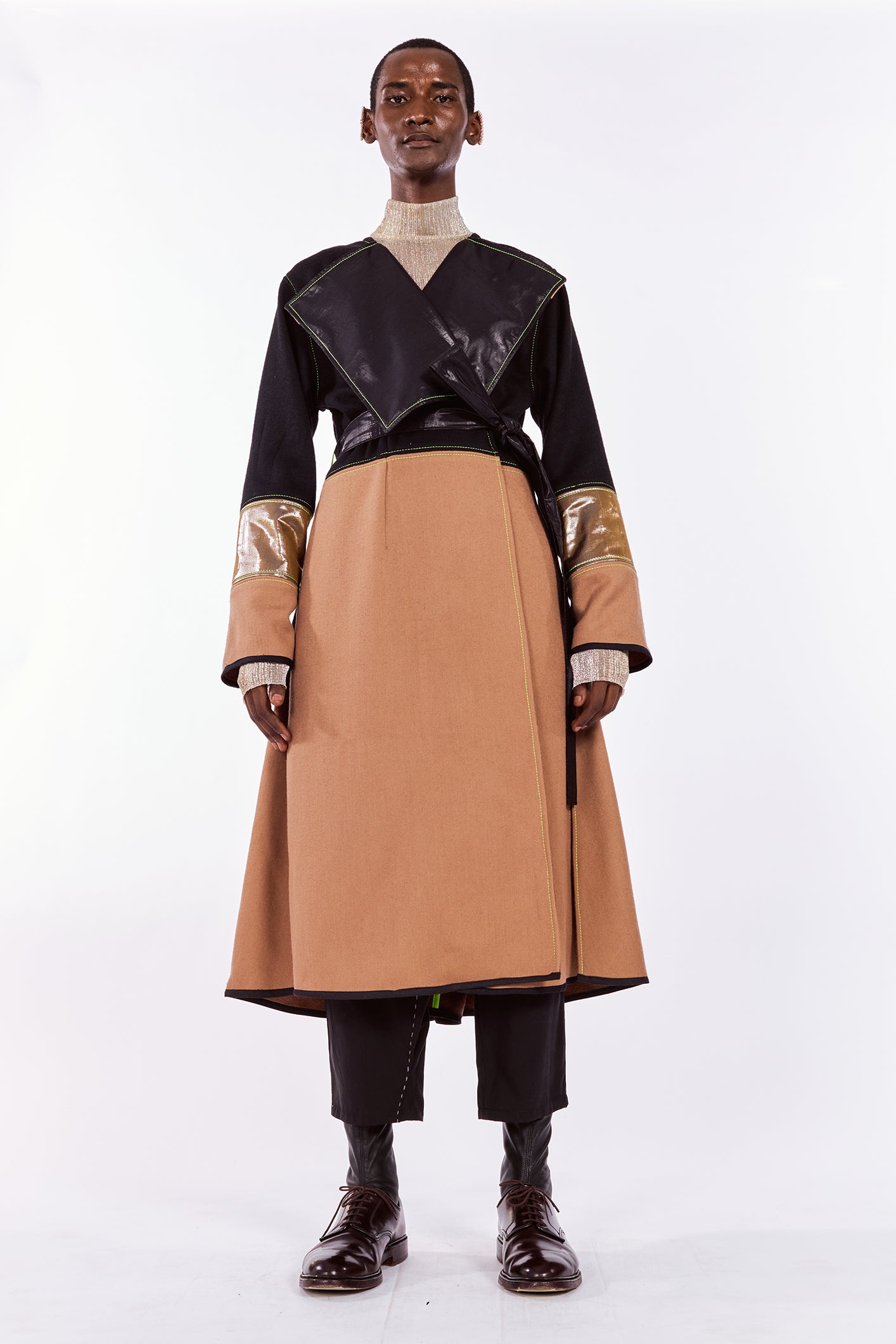 Black & Caramel Cashmere & Wool-blend Coat