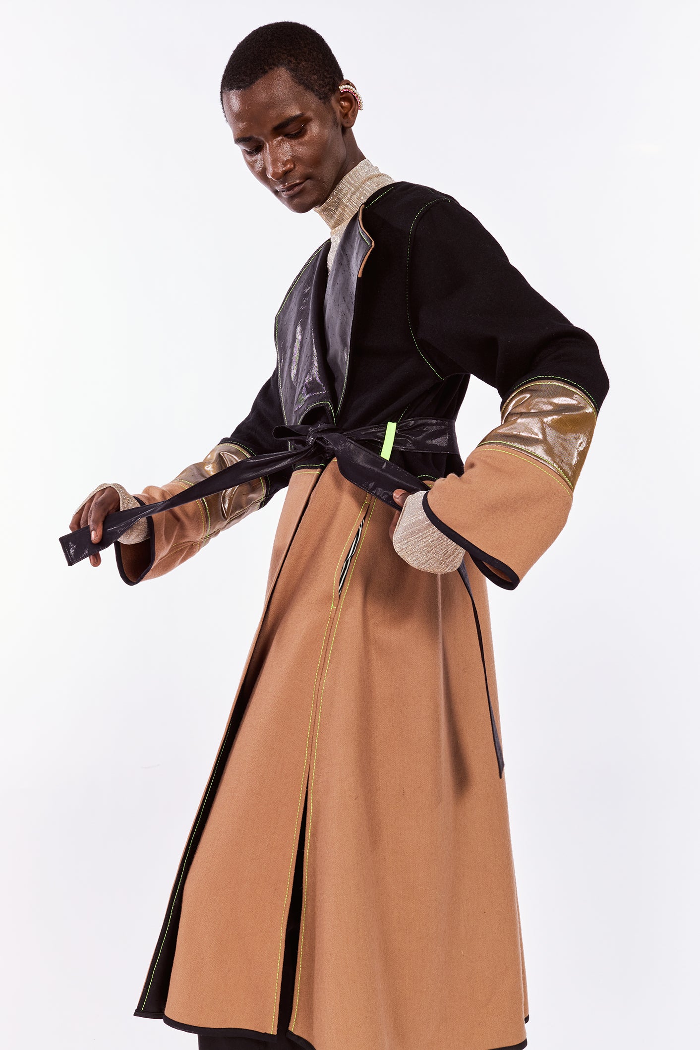 Black & Caramel Cashmere & Wool-blend Coat