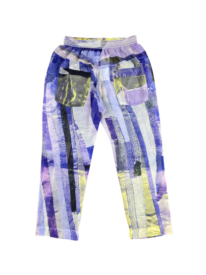 Blue 'Viviers Abstract Scrap' Printed Deadstock Chiffon Pants