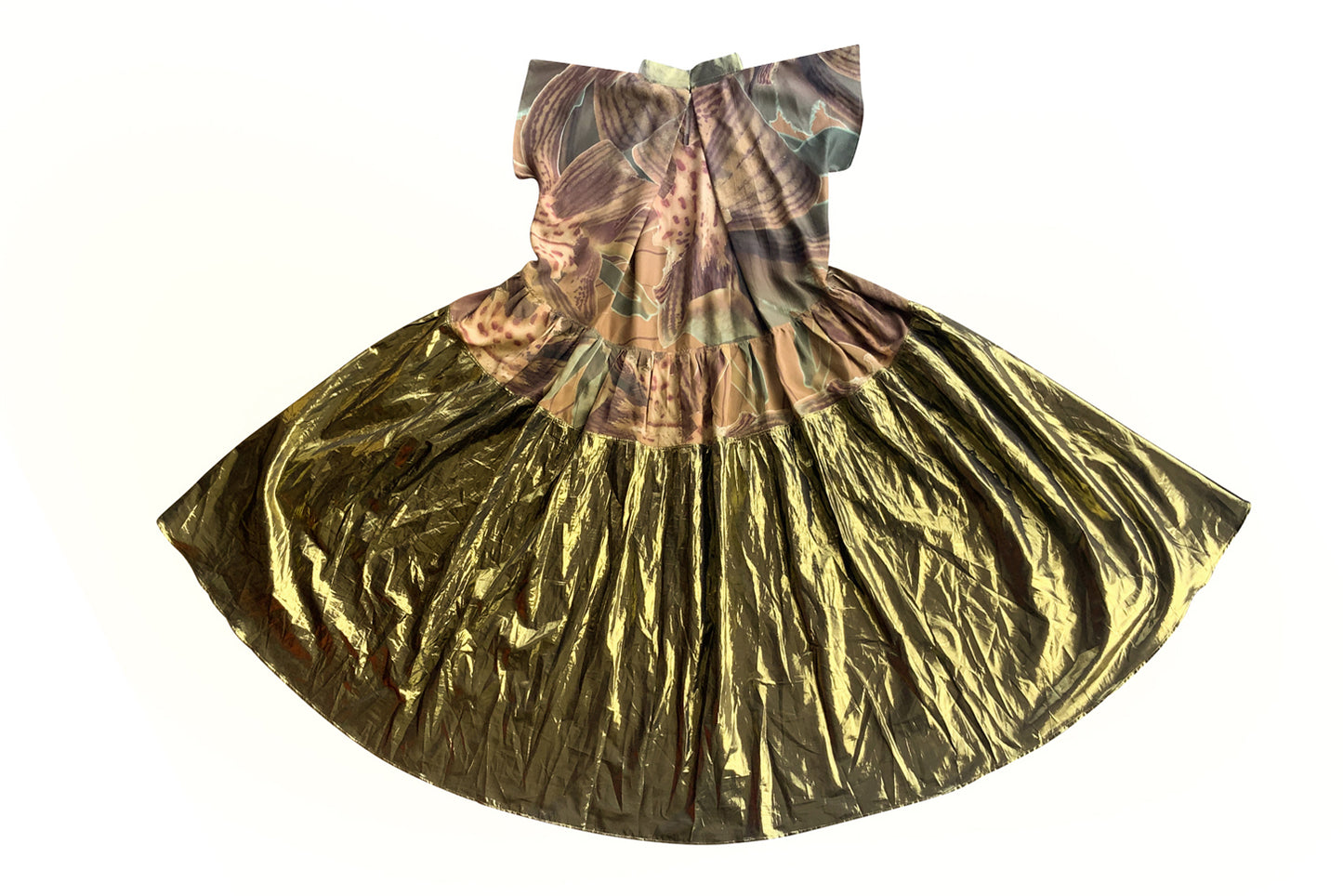 Banana Orchid Silk Lamé Tiered Dress