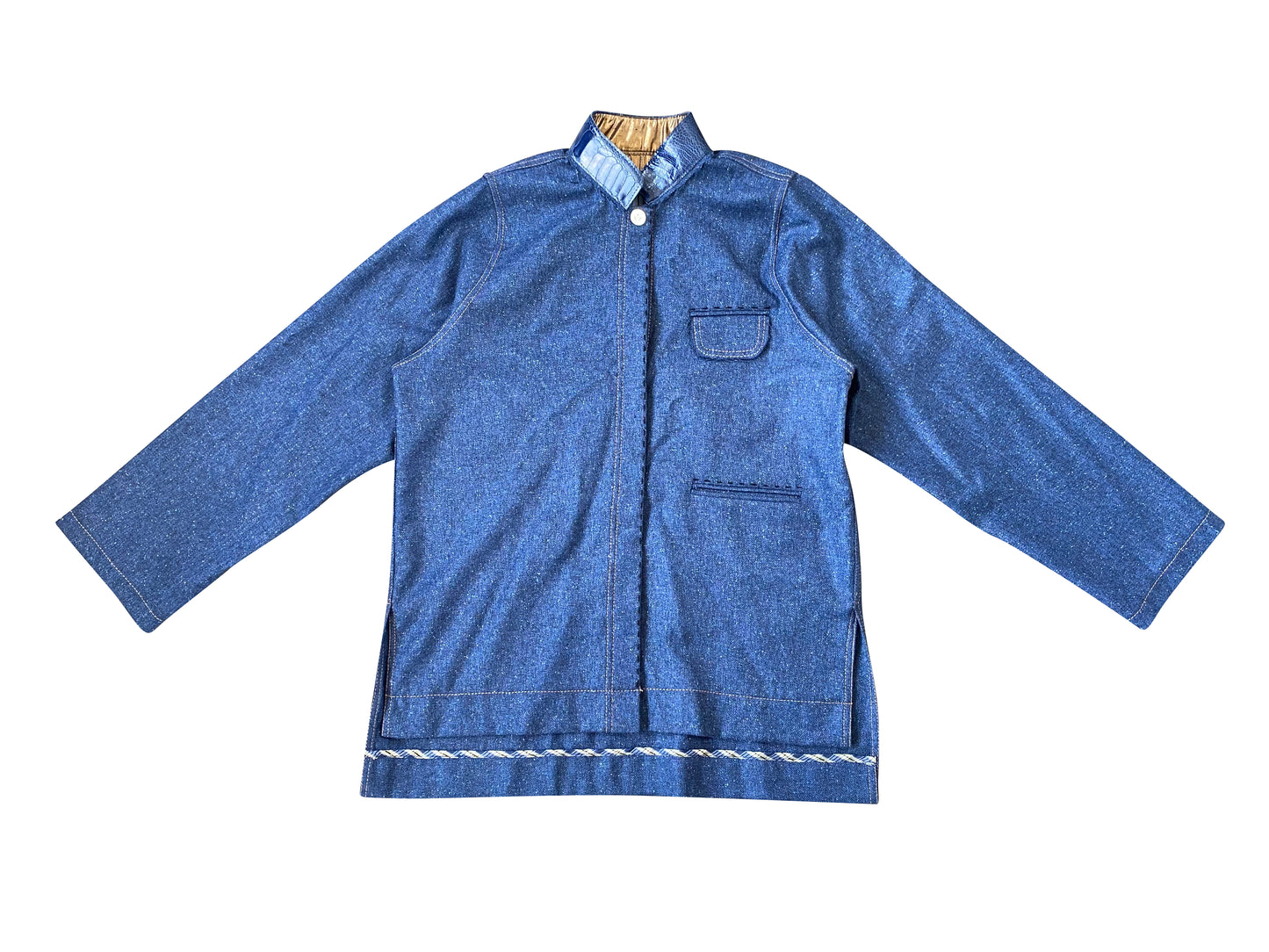Speckled Wool Shirt with Ostrich Leather Shin Mandarin Collar