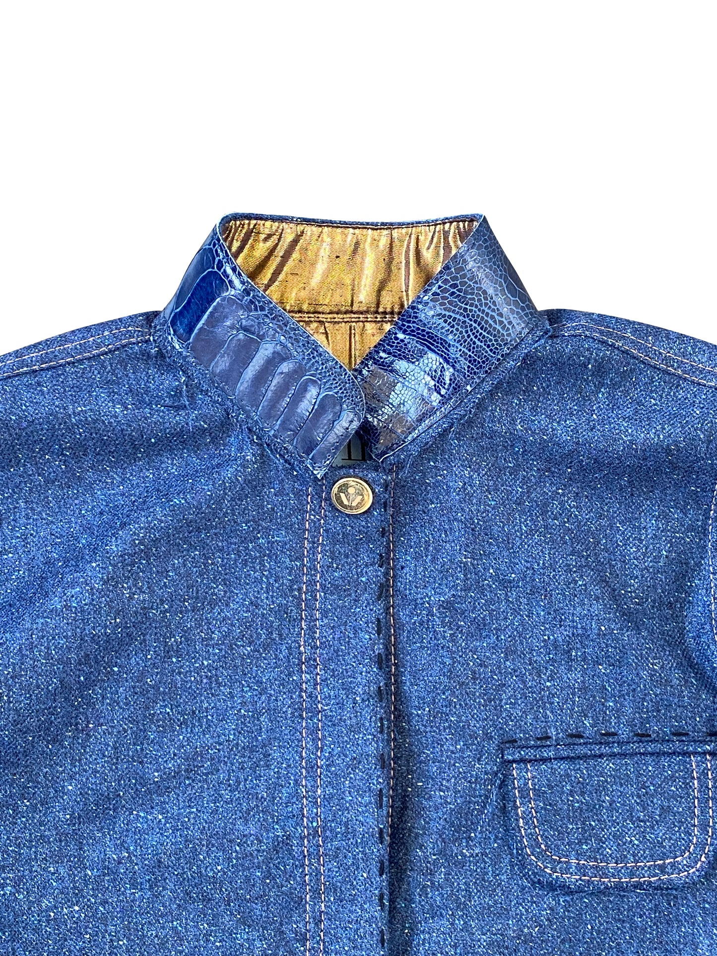 Speckled Wool Shirt with Ostrich Leather Shin Mandarin Collar