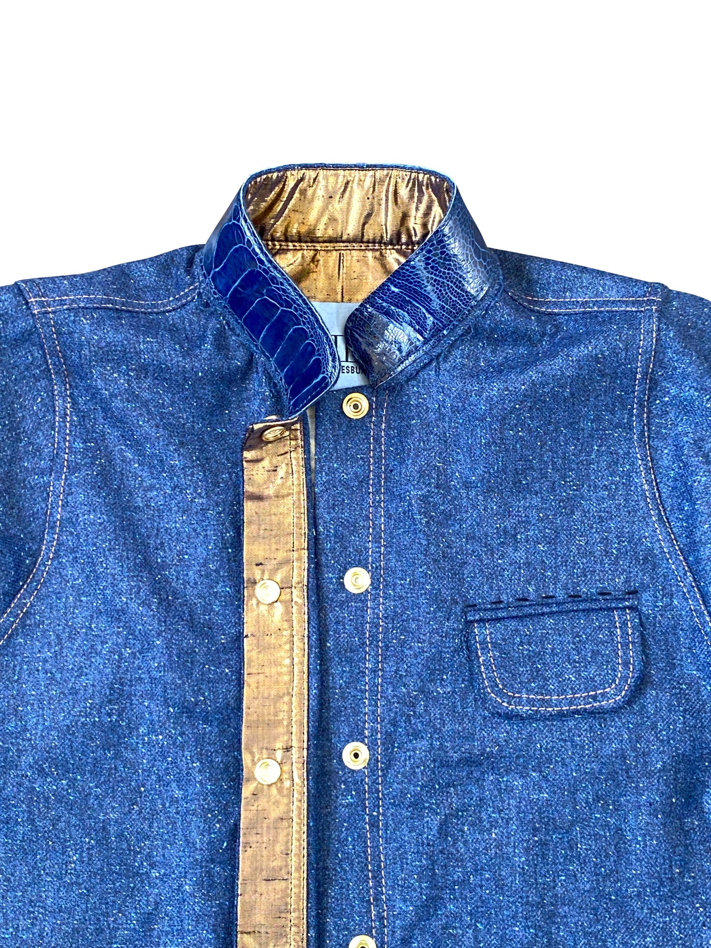 Speckled Wool Shirt with Ostrich Leather Shin Mandarin Collar