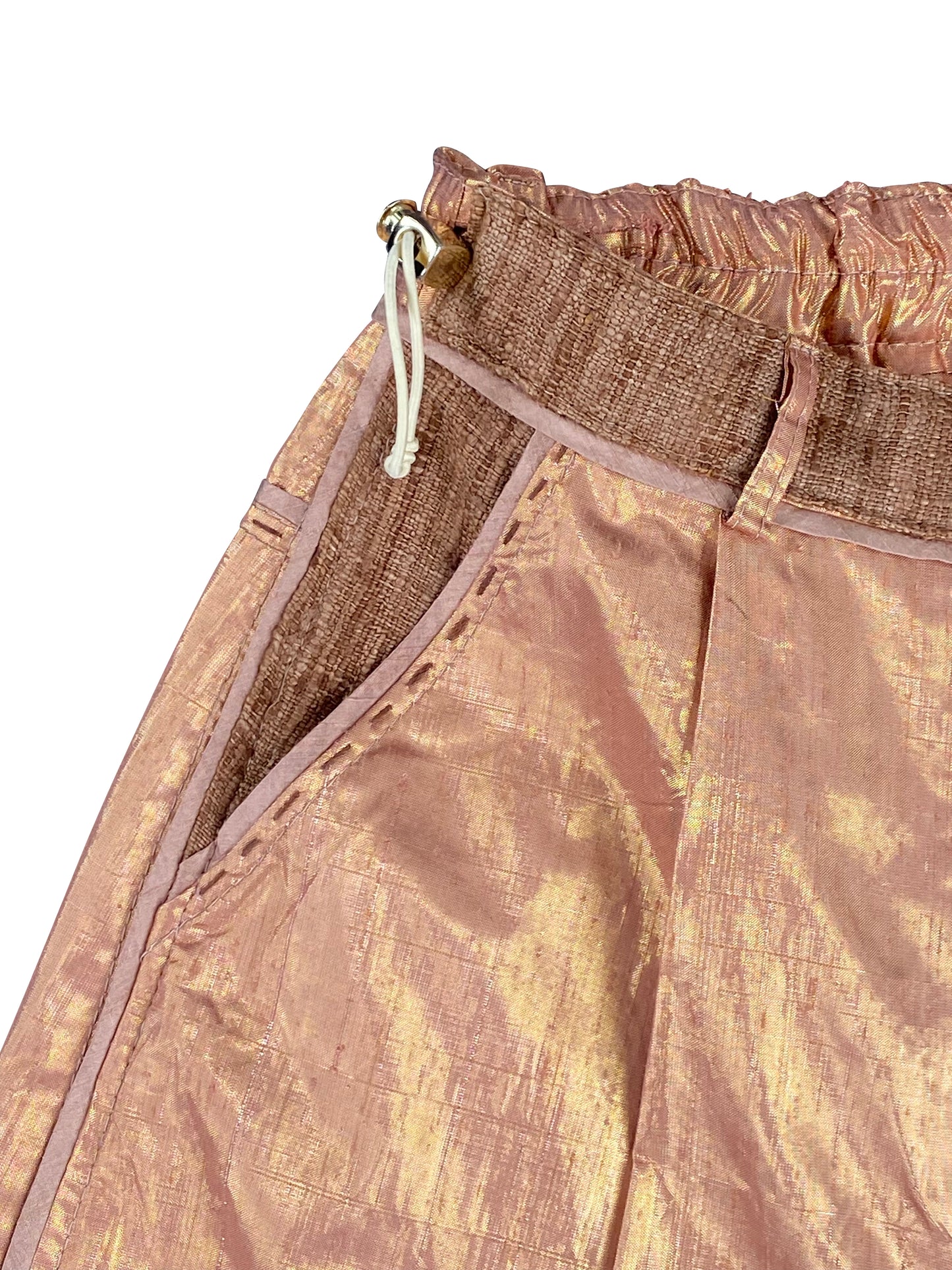 Copper Mothership Disc Arched-Leg Pants in Deadstock Silk Lame