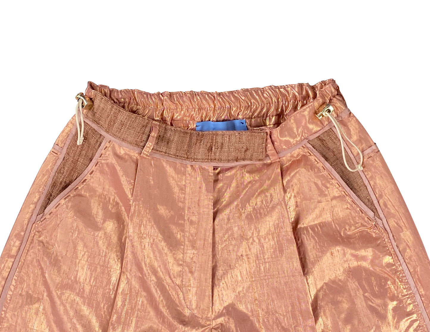 Copper Mothership Disc Arched-Leg Pants in Deadstock Silk Lame