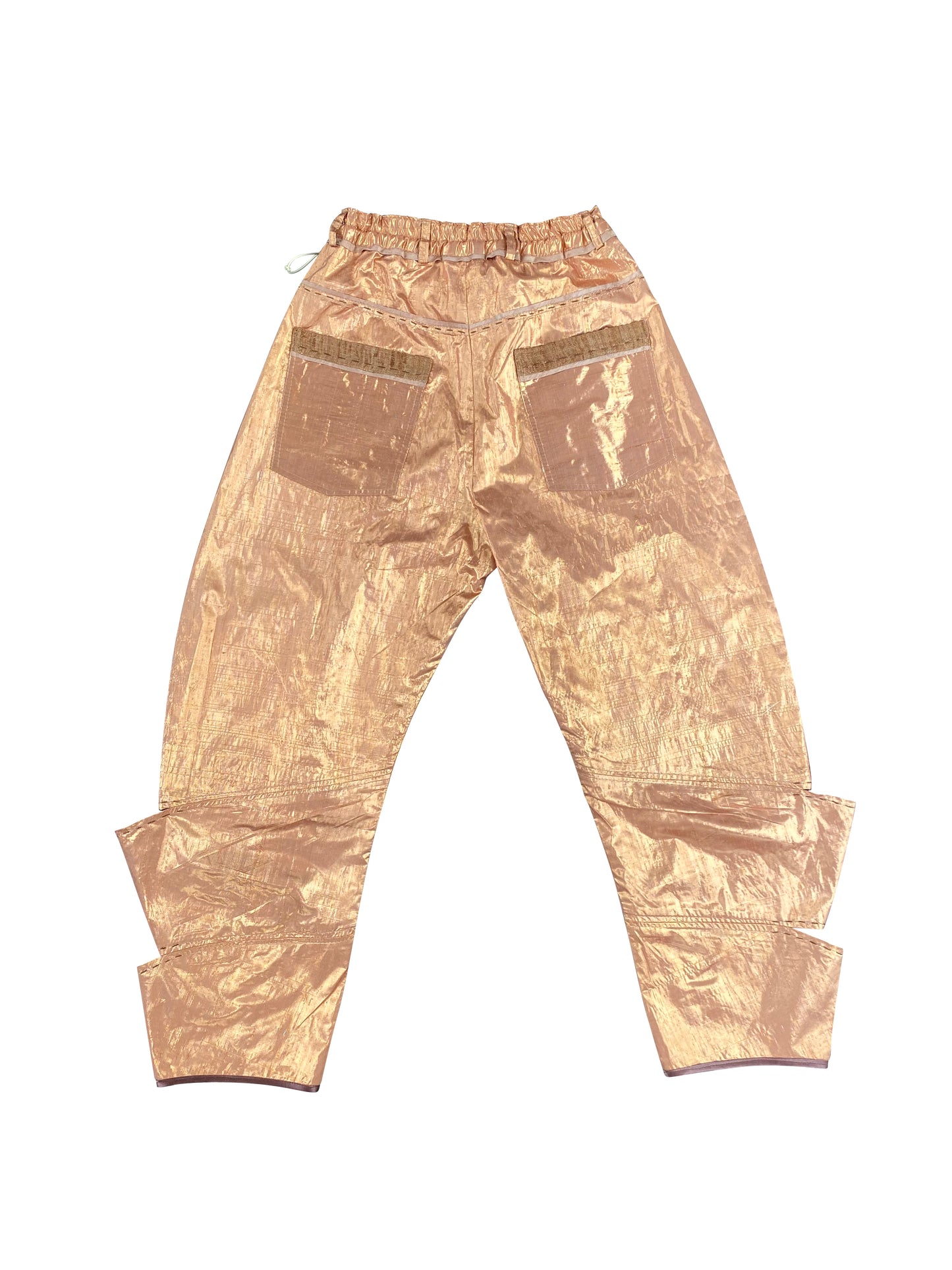 Copper Mothership Disc Arched-Leg Pants in Deadstock Silk Lame