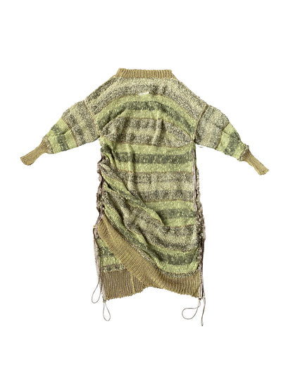 Green Moss Knitted Draped  Dress with Drawstrings in Mohair, Wool & Viscose Blend