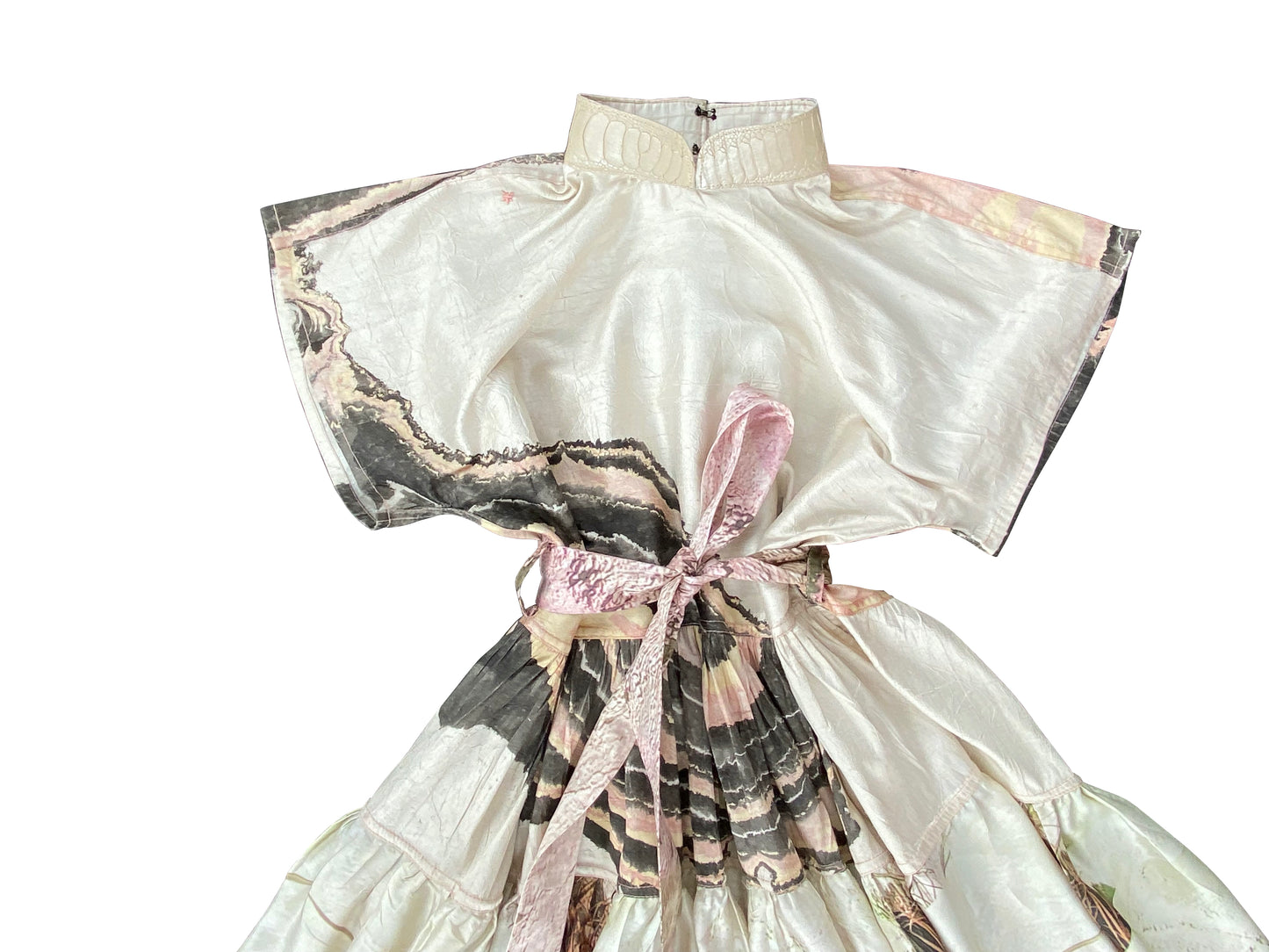 Suminigashi Ochre & Mirror Magic Silk Maxi Dress with Original 'Viviers' Print & Ostrich Shin Collars