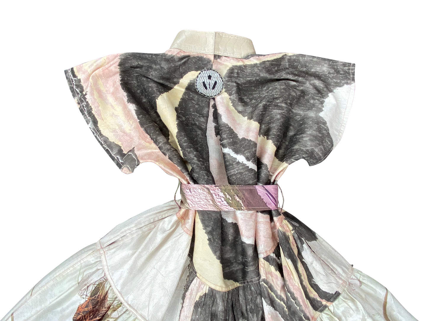 Suminigashi Ochre & Mirror Magic Silk Maxi Dress with Original 'Viviers' Print & Ostrich Shin Collars