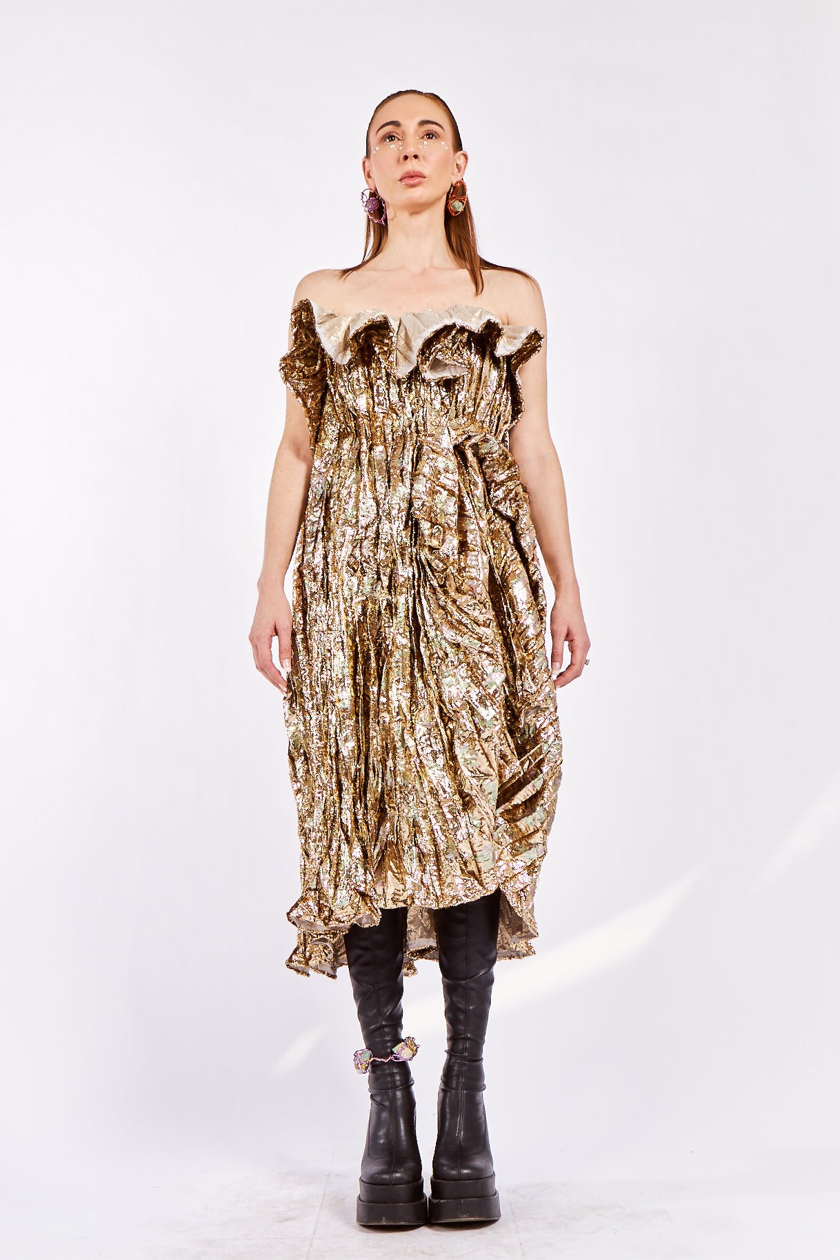 Uncut Gold Sculpted Dress with Crushed Pleats