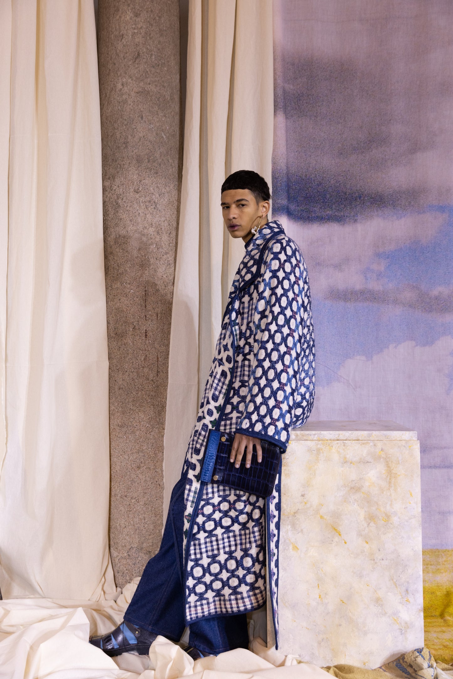 Speckled Wool Tailored Pants with Ostrich Leather Shin Details