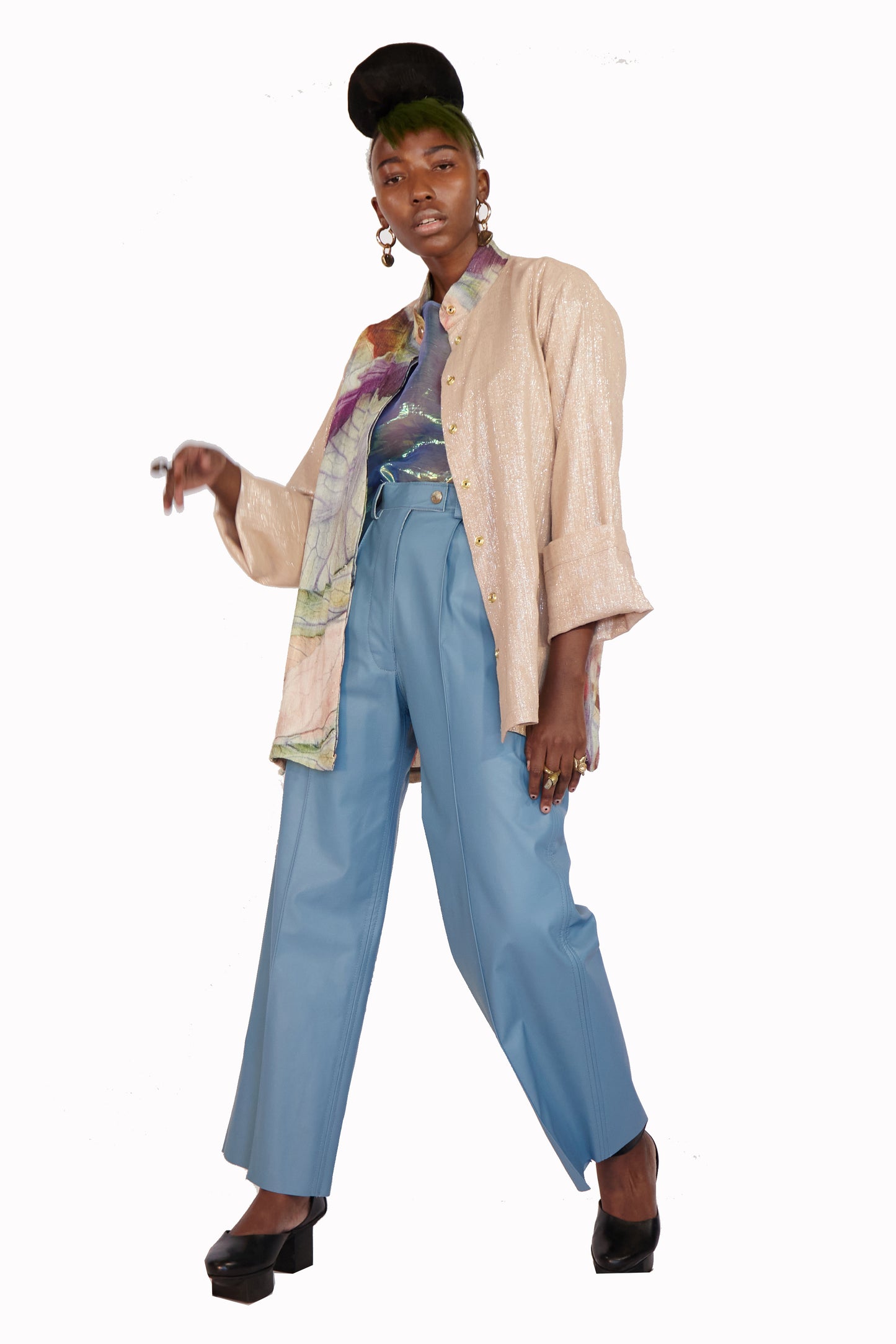 PURE NAPA LEATHER STRAIGHT CUT PANTS IN RETRO BLUE