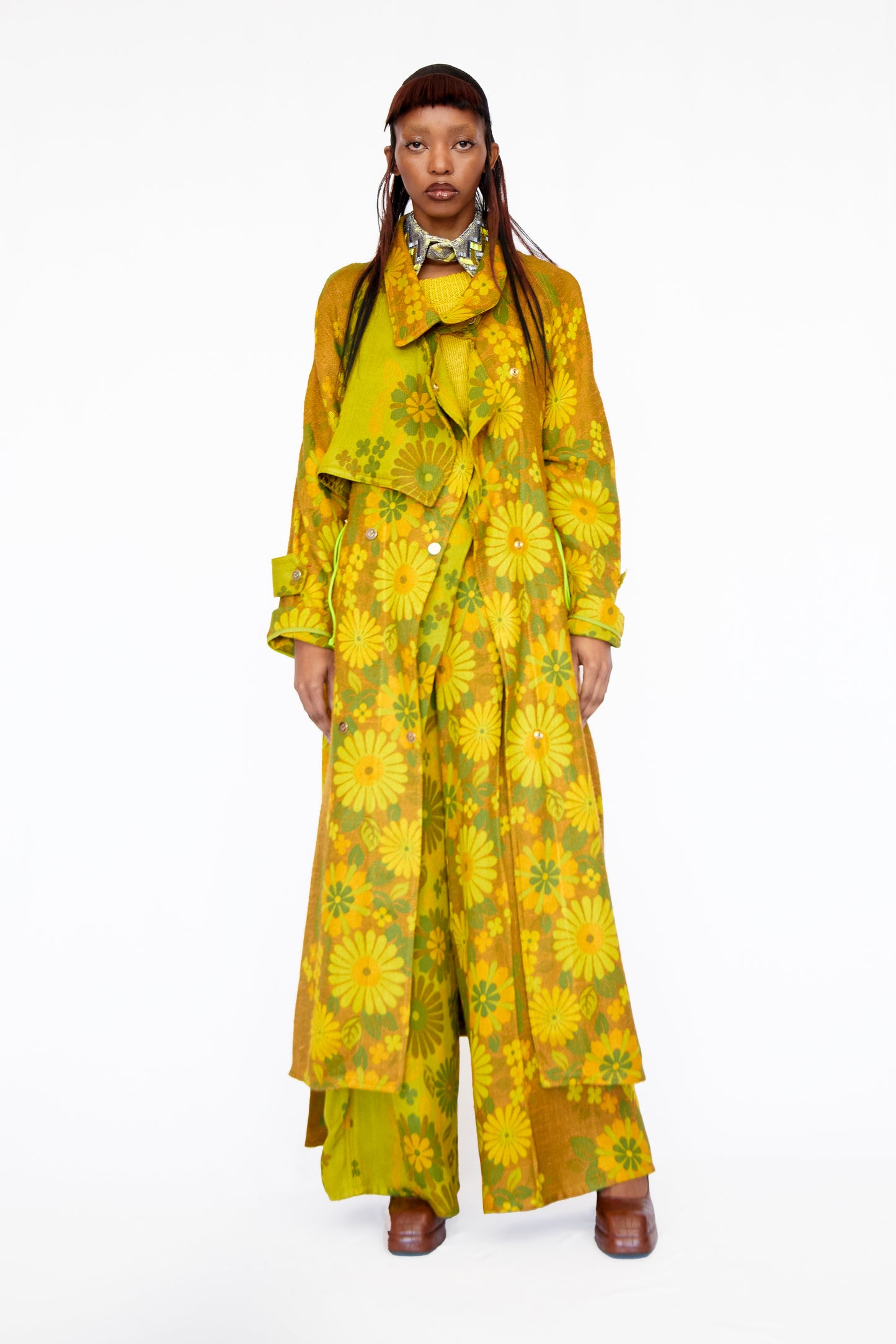 VINTAGE 1970'S DAISY JACQUARD FLARED WRAP PANTS