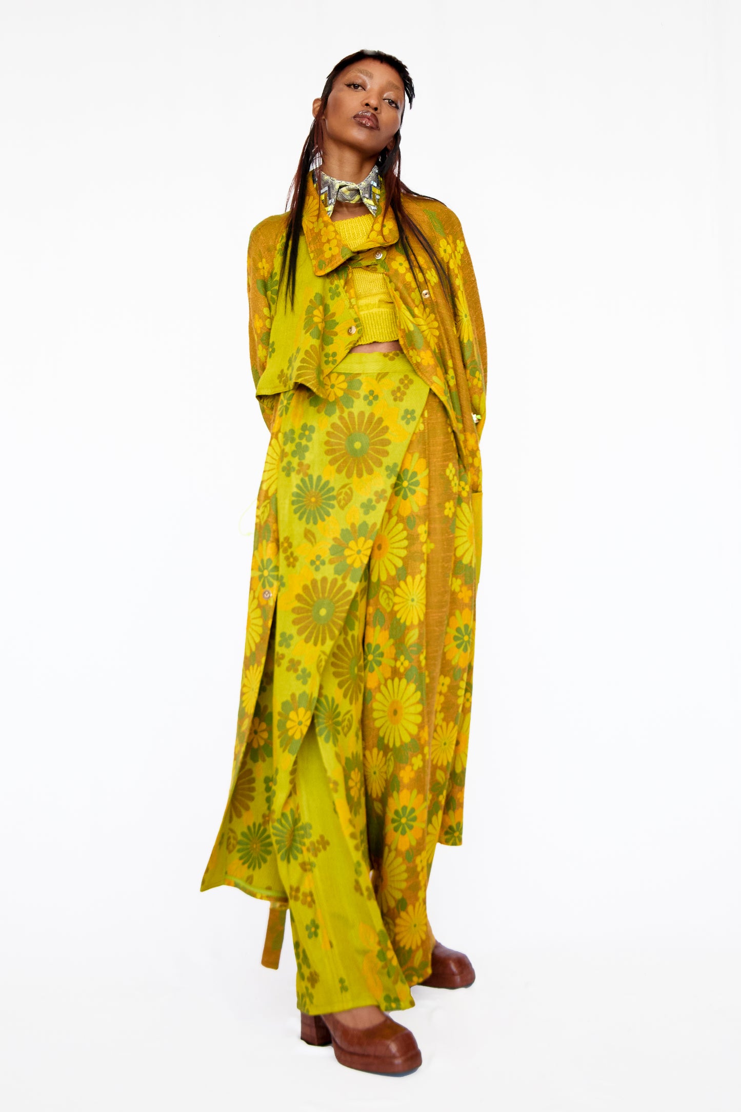 VINTAGE 1970'S DAISY JACQUARD FLARED WRAP PANTS