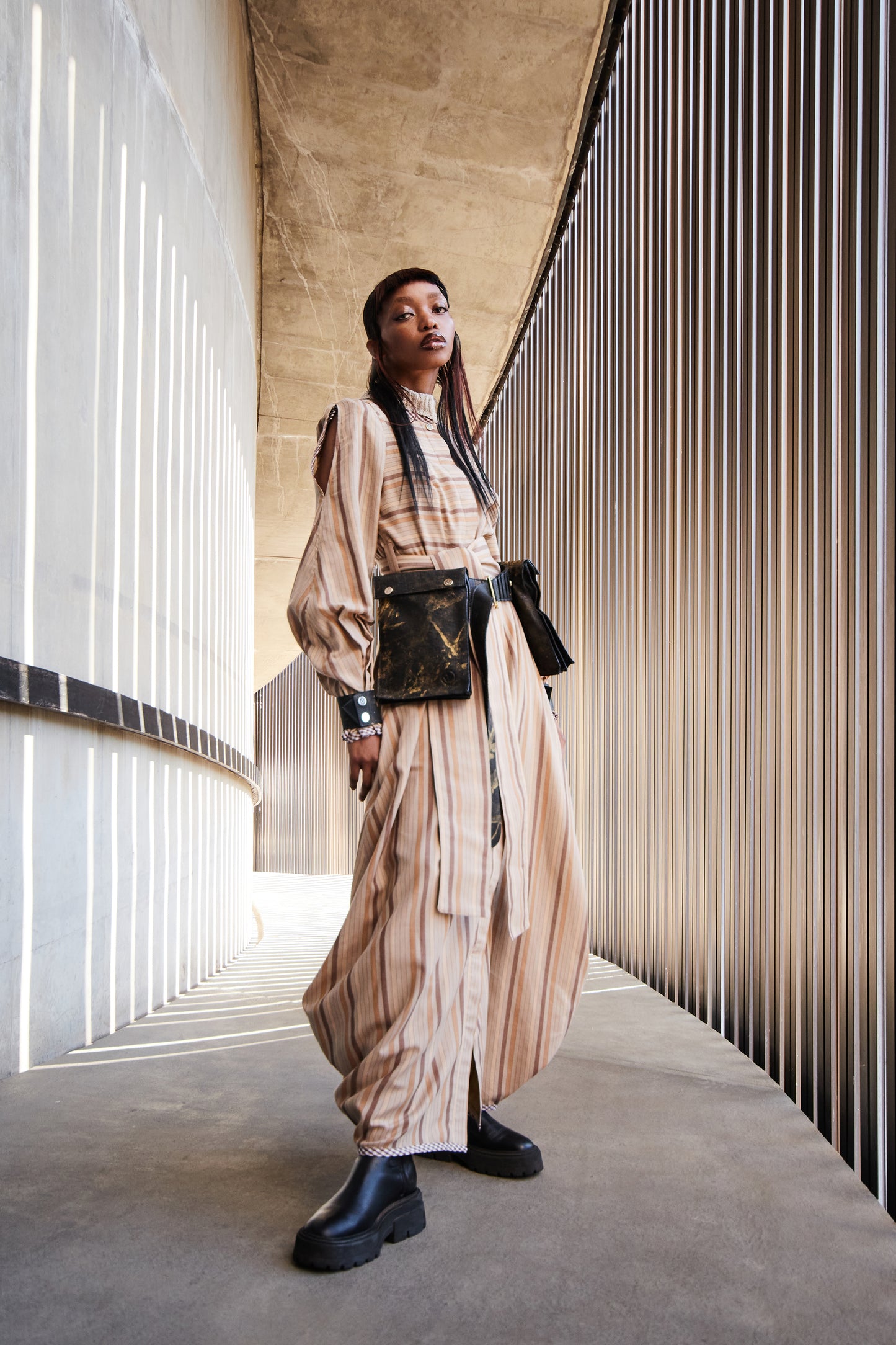 STRIPED WOOL CLOAK DRESS