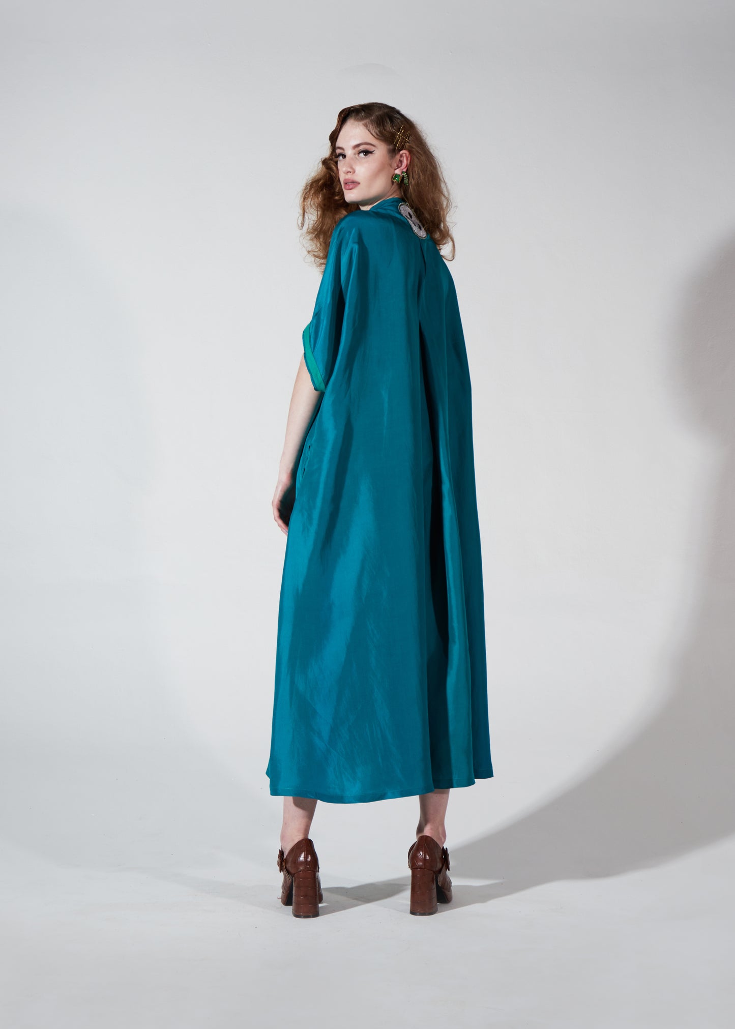 Psychic Cyan Silk Cape Dress