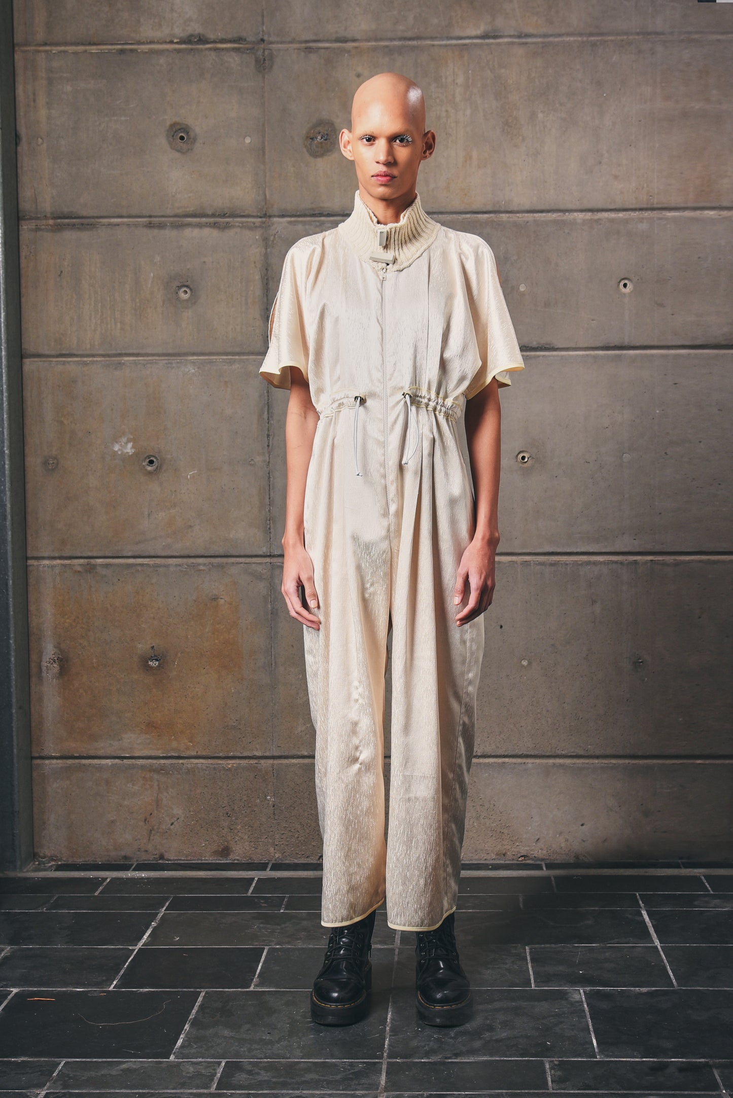 Deadstock Synthetic Jumpsuit with Cotton Knitted Collar