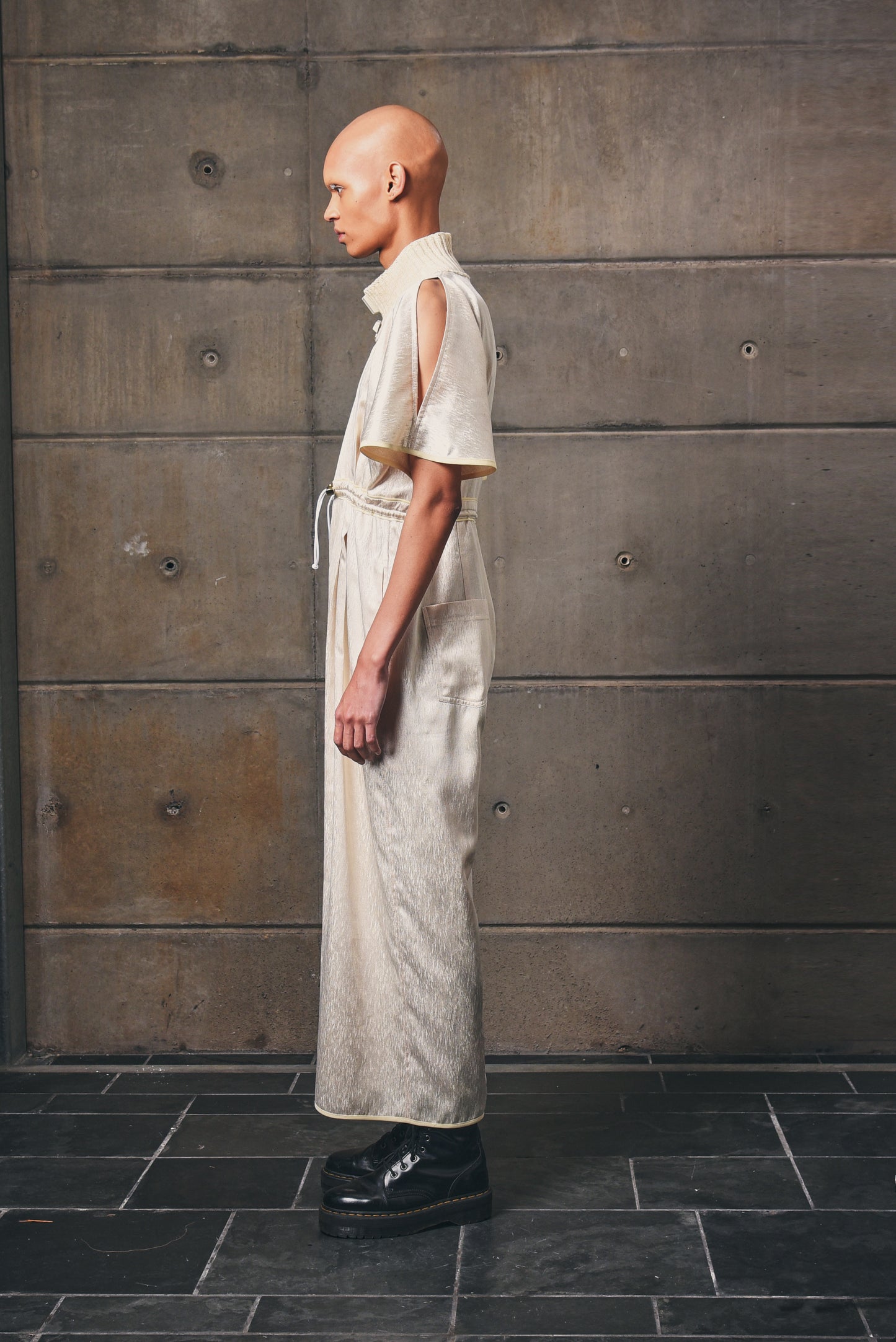 Deadstock Synthetic Jumpsuit with Cotton Knitted Collar