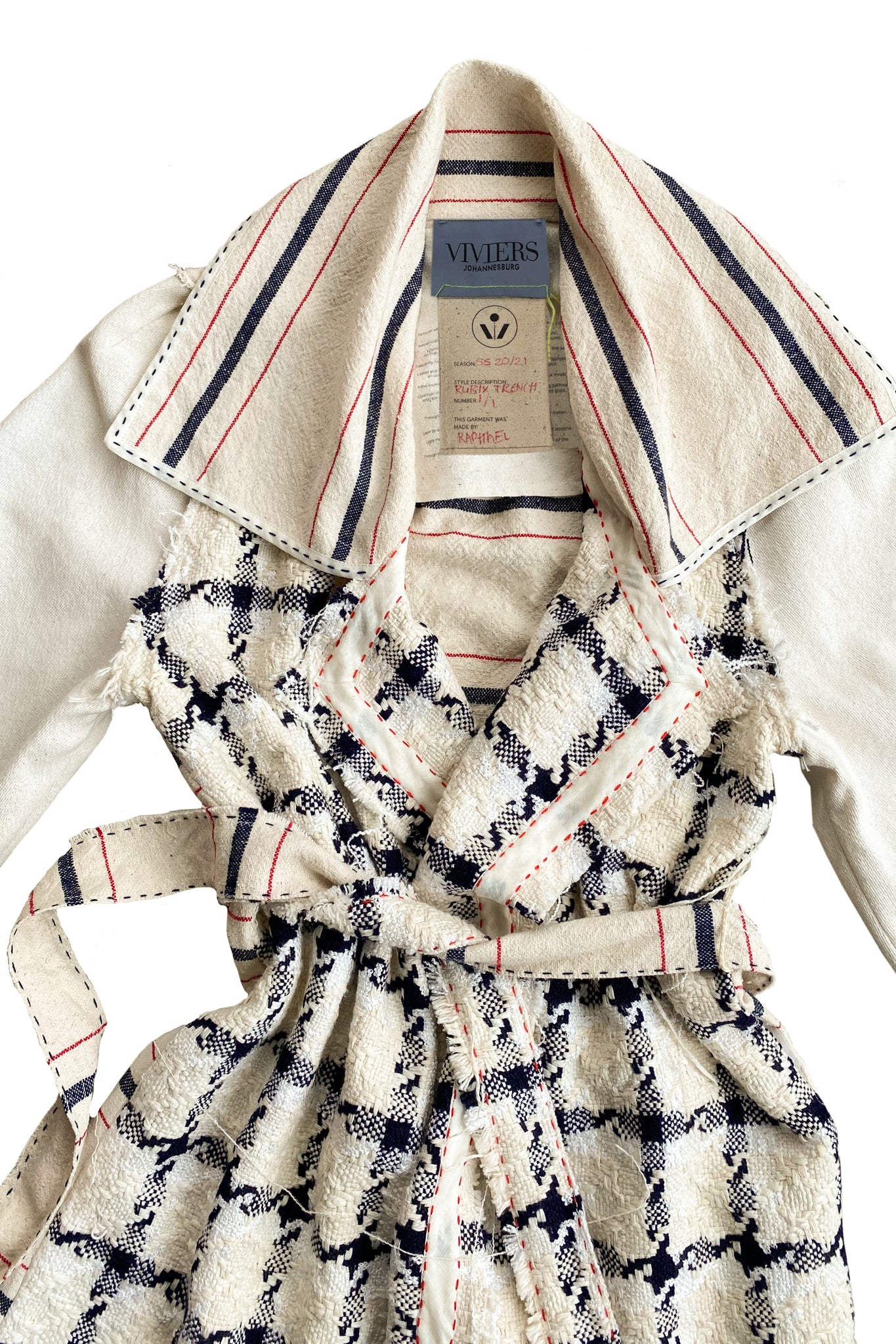 Houndstooth Plaid Raglan Trench With Barrydale Handweavers' Woven Stripe