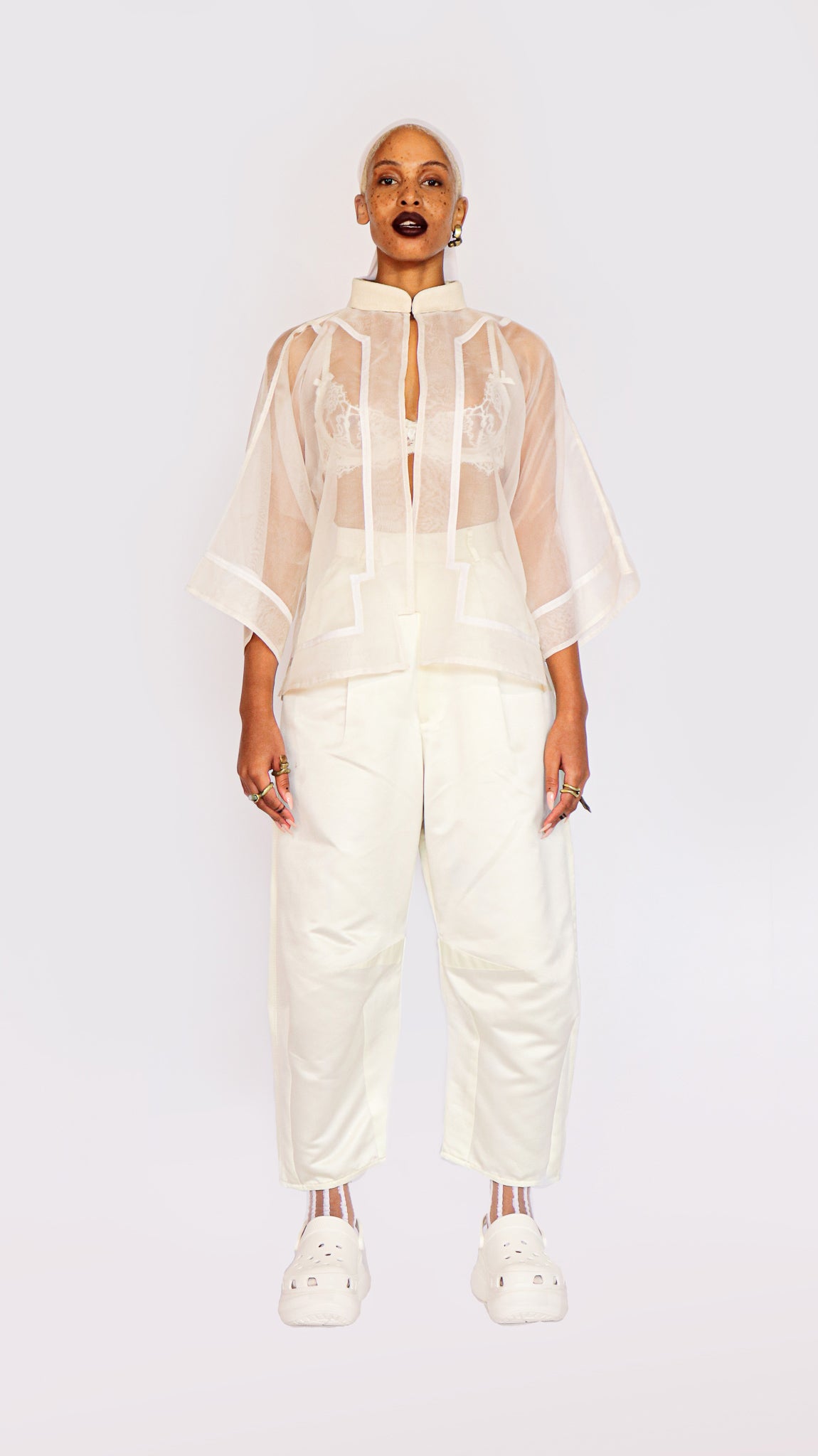 MANDARIN COLLAR SILK ORGANZA KIMONO TOP