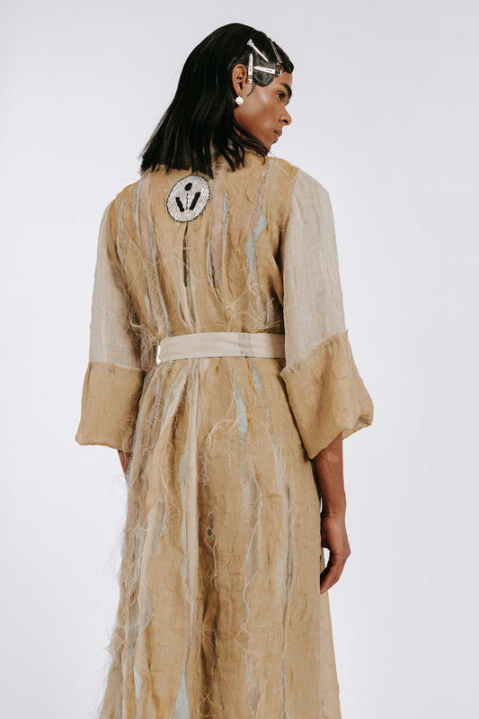 Dupion Chinese Silk 'Ancient Soil' Coat with Hand Embroidery Stitches