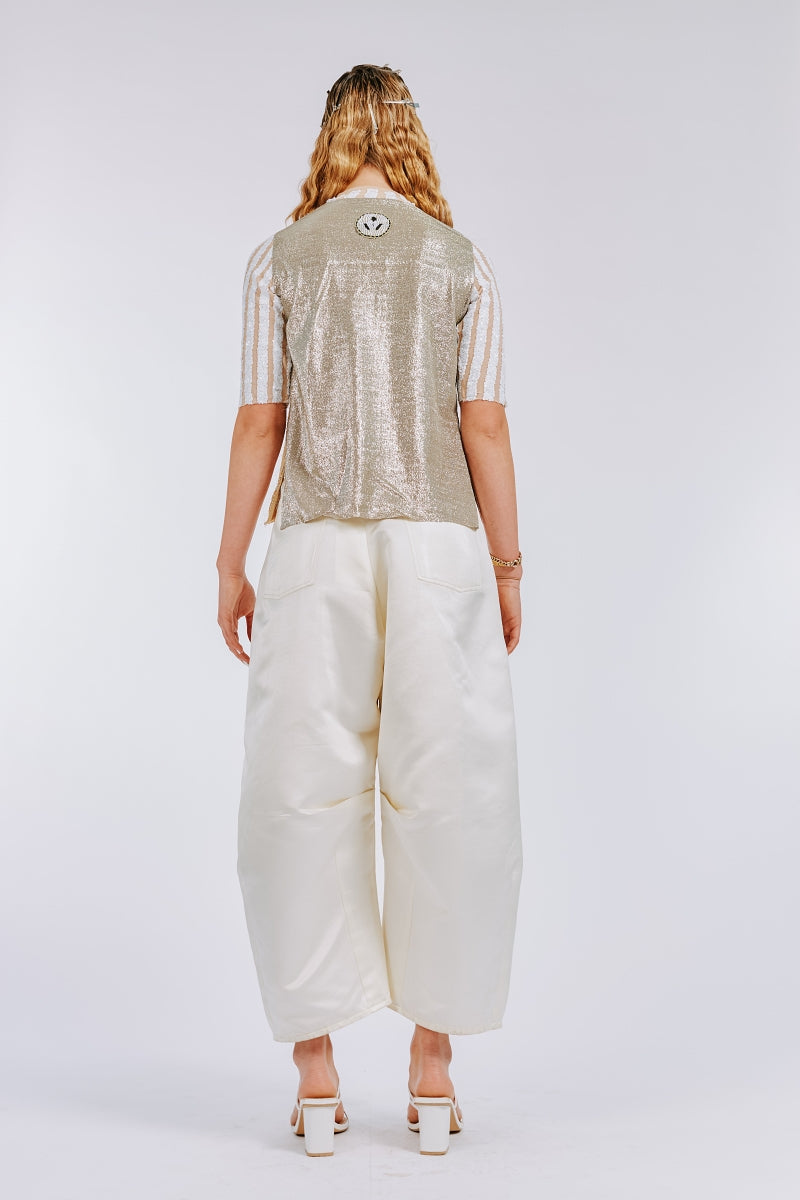White Sculpted Signature Satin Pants