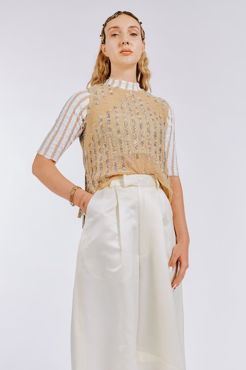 White Sculpted Signature Satin Pants