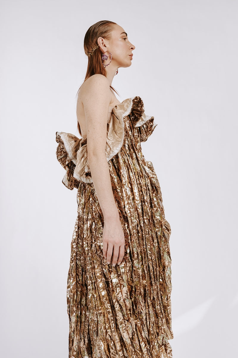 Uncut Gold Sculpted Dress with Crushed Pleats