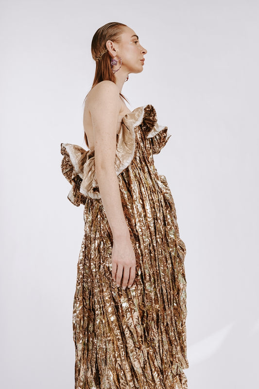 Uncut Gold Sculpted Dress with Crushed Pleats