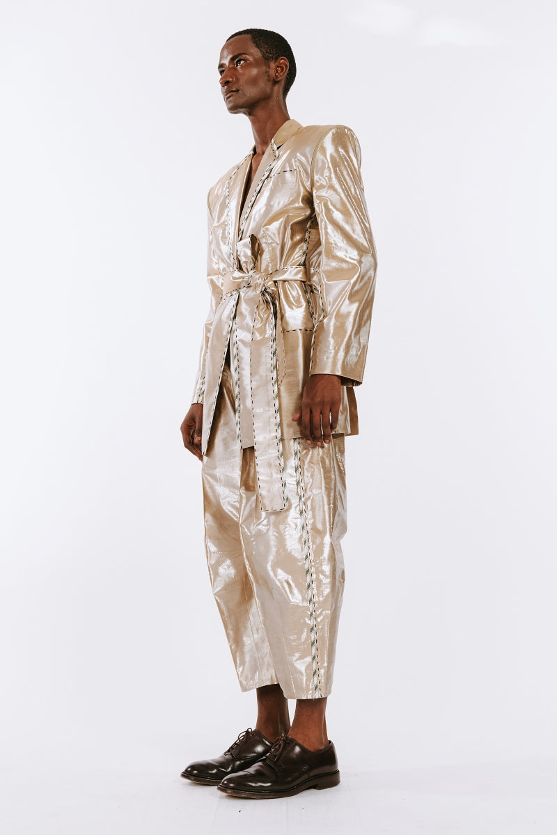 Botanical Dyed Radiating Jewel Tailored Jacket with Detachable Sleeves in Silk Lamé