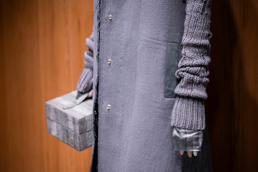 Purple Cashmere & Stretch Denim Foil Long Gilet with Ostrich Shin Detail