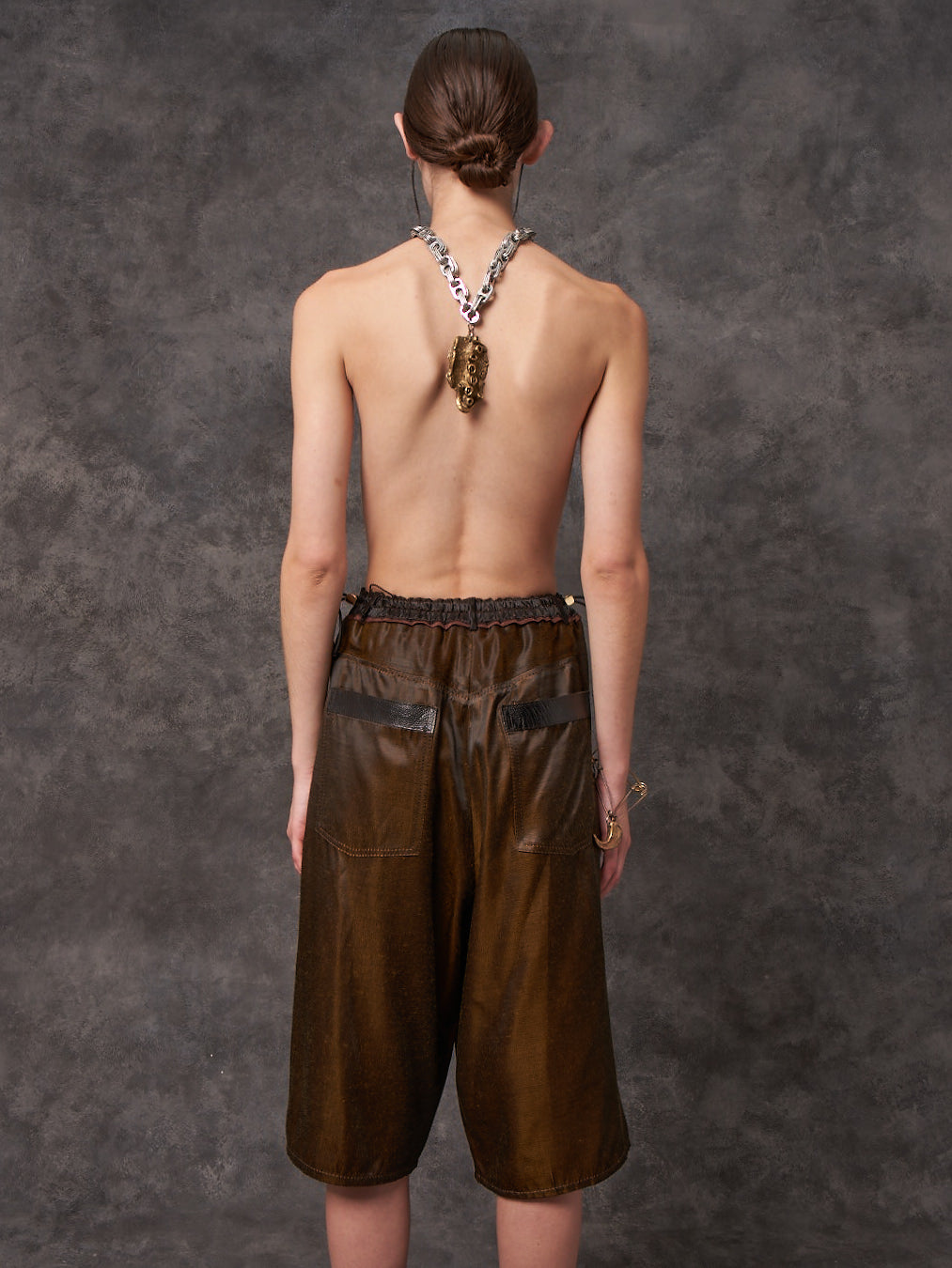 Japanese Acetate Bermuda Popper Shorts with Black Ostrich Shin Details