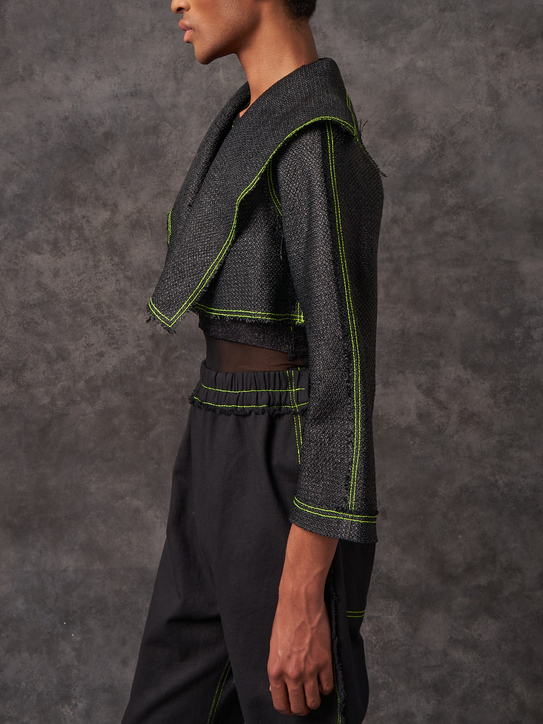 Black Vintage Raffia Cropped Biker Jacket