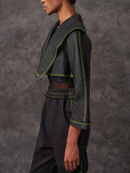 Black Vintage Raffia Cropped Biker Jacket