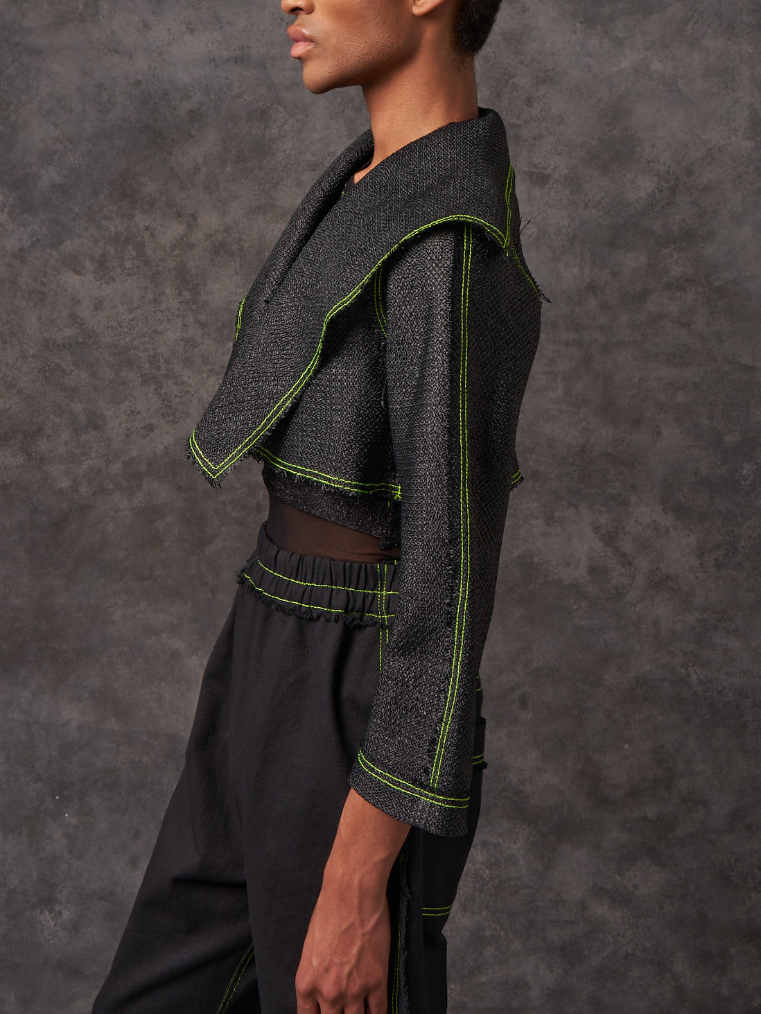 Black Vintage Raffia Cropped Biker Jacket