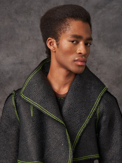 Black Vintage Raffia Cropped Biker Jacket