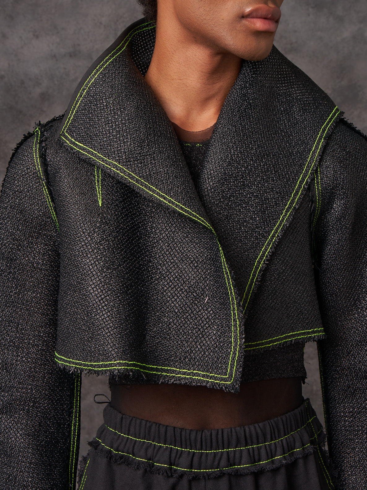 Black Vintage Raffia Cropped Biker Jacket