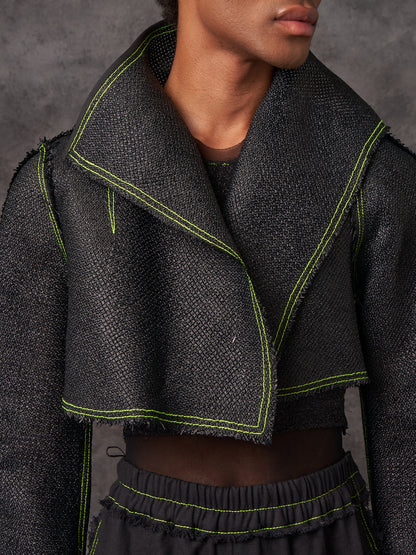 Black Vintage Raffia Cropped Biker Jacket