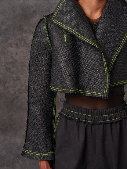 Black Vintage Raffia Cropped Biker Jacket