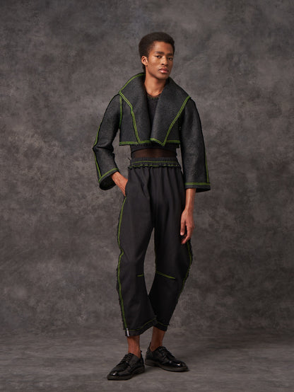 Black Vintage Raffia Cropped Biker Jacket